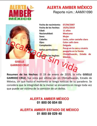 Giselle, la menor desaparecida el 19 de enero pasado cuando salió a buscar a su papá en el Barrio San Lorenzo, fue hallada muerta en el municipio de Ixtapaluca. (TWITTER)
