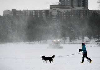 Una mujer sale a pasea a su perro mientras las bajas temperaturas del viento alcanzan los -30 grados Fahrenheit (-34 grados Celsius) este martes en Minneapolis, Minnesota. (EFE) 