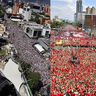 Toman las calles. Miles de personas se manifestaron ayer a favor de Juan Guaidó (Izq.) quien pidió a los militares que dejen de apoyar a Maduro. En tanto una 'marea' roja salió a la par para respaldar a Maduro, quien planea adelantar las elecciones para la Asamblea Nacional.