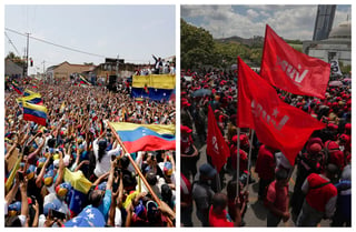 Simpatizantes recibieron al líder opositor venezolano Juan Guaidó (Izq.) ayer en Valencia, en tanto chavistas y seguidores del gobierno del presidente de Venezuela Nicolás Maduro participan en una marcha de apoyo en Caracas.