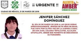 Jenifer fue reportada como desaparecida desde el pasado 20 de marzo. (ESPECIAL) 