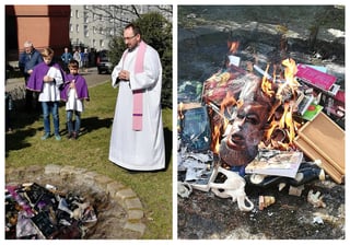 La fundación, que subió las fotos a Facebook, dijo que la quema de libros tenía la intención de alertar a los fieles contra las malas influencias que supuestamente vienen con las ciencias ocultas. (FACEBOOK)