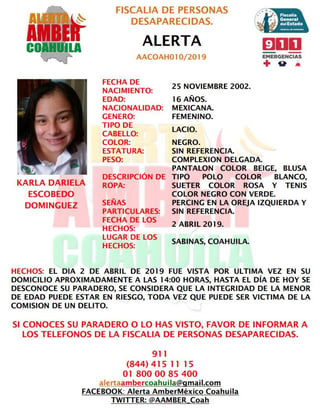 Se trata de Karla Dariela Escobedo Domínguez, de 16 años de edad. (ESPECIAL)