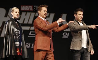 En Corea. Brie Larson , Robert Downey Junior y Jeremy Renner ofrecieron una conferencia de prensa hace unos días. (EFE)