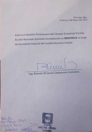 Rómulo de Jesús Campuzano, renunció la tarde del jueves a la Secretar´ía General del Partido Acción Nacional Estatal.  (EL SIGLO DE TORREÓN) 