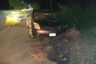 El vehículo Nissan Sentra se salió del camino y se impactó contra un árbol al transitar sobre la carretera Torreón-San Pedro. (EL SIGLO DE TORREÓN)