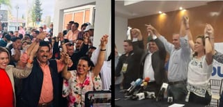 Los candidatos Jorge Salum del Palacio y José Ramón Enríquez convocaron a los medios de comunicación para proclamarse ganadores de la elección. (EL SIGLO DE TORREÓN)