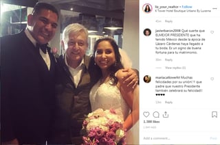 A través de redes sociales, la novia Liz García, compartió una imagen en la que se le ve con su esposo y el mandatario mexicano. 'Como cuando el #Presidente de #México llega a tu #boda! #AMLO #Tijuana', indicó en el post realizado en Instagram.
