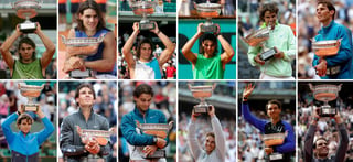 Rafael Nadal llegó a 12 títulos de Roland Garros, en 2005 logró su primer título (arriba izquierda), el 12 lo ganó el domingo pasado (abajo derecha). (EFE)