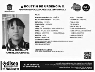 En la imagen aparece Erika Guadalupe Ramírez Rodríguez, que se encuentra desaparecida desde el pasado 17 de junio. (ESPECIAL)