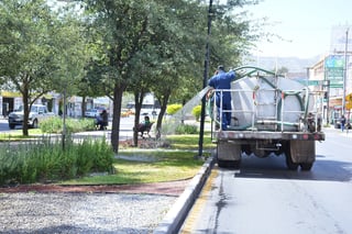 Trabajadores municipales realizan riego de la vegetación de la calzada Colón con pipas, en turnos matutino y vespertino. (FERNANDO COMPEÁN)