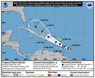 El centro meteorológico, con sede en Miami (EUA), ha emitido una vigilancia de tormenta tropical (es decir, el paso del sistema en las próximas 36 horas) para Puerto Rico, cuyas autoridades e instituciones empiezan a activar planes de contingencia. (EFE)