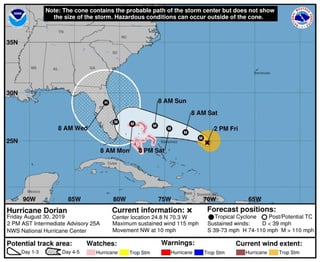 En su boletín de las 14:00 hora local (18:00 GMT), el NHC indicó que Dorian está a unas 445 millas (715 km) al este las islas septentrionales del archipiélago de Bahamas y a unas 625 millas (1,005 km) al este de Palm Beach, en el sur de Florida. (EFE)
