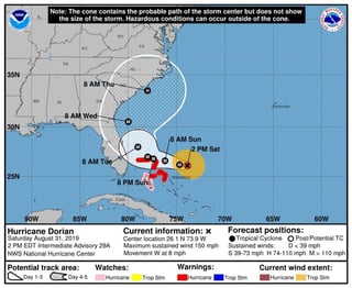 El ojo del poderoso huracán Dorian de categoría 5, la máxima en la escala Saffir Simpson, tocó tierra este domingo en el Cayo Elbow, en las islas Ábaco del archipiélago de Bahamas, informó el Centro Nacional de Huracanes (CNH) de Estados Unidos. (EFE)