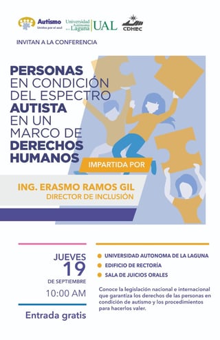  Erasmo Ramos Gil impartirá este jueves por la mañana la conferencia Personas en Condición del Espectro Autista en un Marco de Derechos Humanos, en la Universidad Autónoma de La Laguna.