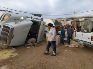 El tráiler cargado con 40 toneladas de salvado se volcó sobre su costado izquierdo sobre la carretera Gómez Palacio-Jiménez.