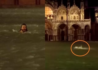 Un hombre aprovechó las inundaciones para nadar por los sitios turísticos de la ciudad. (INTERNET)