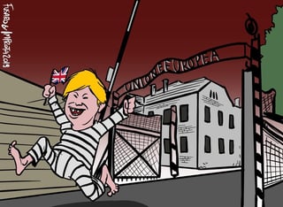 Un caricaturista italiano ha provocado controversia al representar a la Unión Europea como el campo de exterminio nazi de Auschwitz y al primer ministro británico Boris Johnson como un prisionero que escapa. (TWITTER) 
