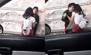 En las imágenes se aprecia a la chica someter al joven contra una pared mientras lo jala del cabello (INTERNET) 