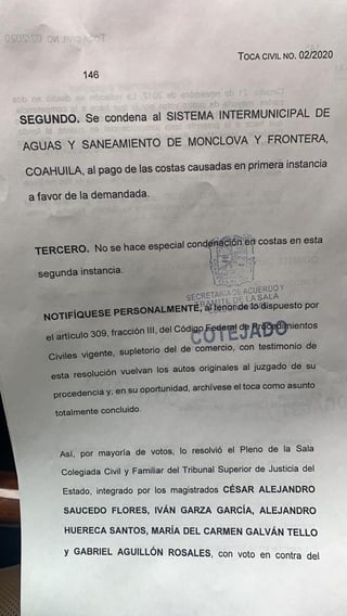 La dependencia sostuvo un juicio ordinario mercantil contra Agua Santa María en el juzgado Primero de lo Civil de la Ciudad de Monclova, bajo el número el expediente 219/2018.