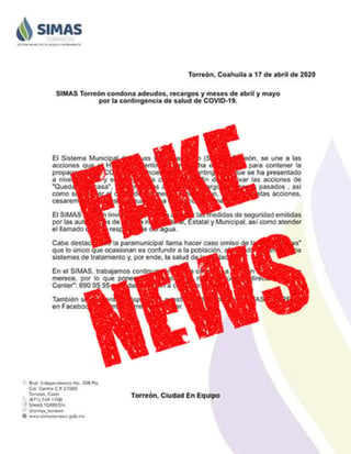 Fue el titular del departamento de Comunicación Social del Simas Torreón, Rogelio Lozoya, precisó que dicha información es una 'noticia falsa'. (ESPECIAL)