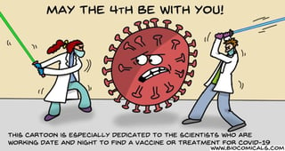 Junto a su mensaje, el director de la OMS compartió una caricatura donde se observa a científicos con bata de laboratorio combatiendo a un coronavirus con sables láser como los que utilizan los héroes de las cintas. (TWITTER)