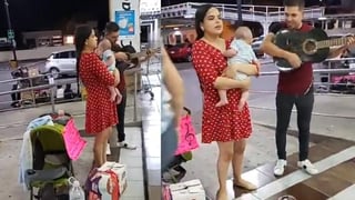 Ambos padres cantan a las afueras de una tienda comercial, con el objetivo de juntar dinero para la leche y los pañales de su pequeño hijo de 5 meses (CAPTURA) 
