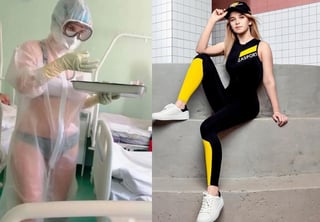 La imagen de la mujer atendiendo a los pacientes en bikini, portando el traje protector contra contagios por COVID-19, se volvió viral en redes sociales (CAPTURA) 