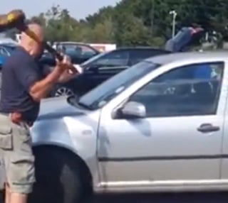 Hombre rompe la ventana de un auto con un hacha para rescatar a un perro encerrado