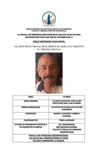 El señor Jesús Medrano Chavarría, de 70 años, fue visto por última vez el pasado 29 de agosto. (CORTESÍA)