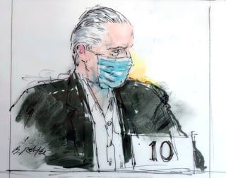 Ilustración del exsecretario de la Defensa Nacional Salvador Cienfuegos durante su audiencia en la corte de California.