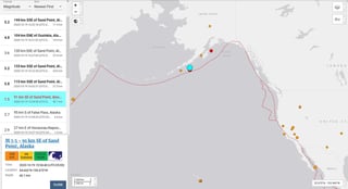 El Servicio Geológico de Estados Unidos (USGS, por sus siglas en inglés) registró un sismo de magnitud 7.5 a las 15:54 horas en el mar a 91 kilómetros de Alaska. (ESPECIAL)
