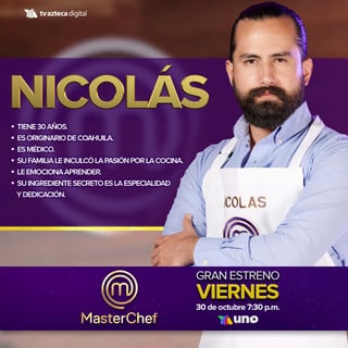 En la competencia. El lagunero Nicolás González demostrará su talento en la cocina más famosa de la televisión.