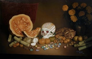 Obra. En La Ofrenda (1996), Muñoz Olivares ofrece una perspectiva sobre el Día de Muertos.