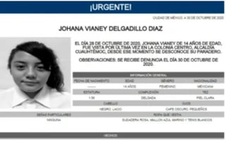 Esta mañana la FGJ-CDMX confirmó que fue localizada la menor Johana Vianey; sin embargo, no ofreció más detalles al respecto.
(ESPECIAL)