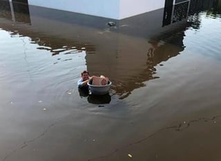 Rodolfo Jiménez, un hombre de Tabasco, se volvió viral en las redes sociales por las fotografías de un cliente que lo captó repartiendo sus pizzas entre las inundaciones que dejó Eta en el estado. (Especial) 