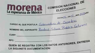  La diputada federal de Morena, Beatriz Robles, se volvió tendencia en Twitter luego de que compartiera la hoja donde hizo pública su precandidatura a la gubernatura de Querétaro con el nombre de la entidad mal escrito. (Especial) 