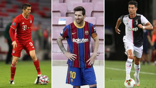 Robert Lewandowski (i), Lionel Messi (c) y Cristiano Ronaldo son los candidatos a ganar el premio. (Archivo)
