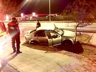 Un conductor abandonó su vehículo tras salirse del camino y derribar una palma sobre el periférico Raúl López Sánchez de la ciudad de Torreón, frente a Ciudad Industrial. (EL SIGLO DE TORREÓN)