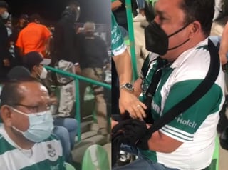 El aficionado al Club Santos Laguna, aseguró que el personal de seguridad lo interceptó 'por haberse quitado el cubrebocas para beber cerveza', lo que originó una discusión que  terminó en agresión física cuando el ordenaron 'que abandonara el estadio' (CAPTURA) 