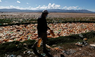 Decenas de botellas de plástico, zapatos y bolsas llenan una parte del lago Uru Uru. (AP)