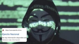 El colectivo de 'hackers' Anonymous se atribuyó este martes el ataque a la página web del Ejército de Colombia y publicó en las redes sociales las contraseñas y los correos electrónicos de 168 militares en apoyo a las manifestaciones en las que han muerto al menos 19 personas. (ESPECIAL) 
