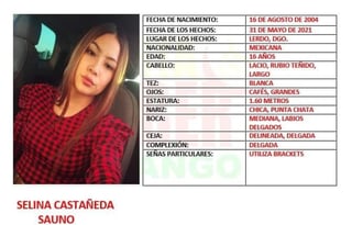 La Fiscalía General del Estado de Durango activó la Alerta Amber, para localizar a Selina Castañeda Sauno, de 16 años de edad, reportada como desaparecida desde el pasado lunes 31 de mayo del presente año 2021, en Gómez Palacio. (EL SIGLO DE TORREÓN)