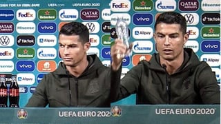Durante una conferencia de prensa, el capitán de Portugal, Cristiano Ronaldo (CR7), no se abstuvo de retirar dos bebidas de Coca Cola, un gran patrocinador de la Eurocopa, con tal de mostrar su desprecio hacia el producto. (ESPECIAL)