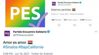 El Partido Encuentro Solidario (PES) de México, de corte evangélico, informó este jueves que denunciará a su gestor de redes sociales luego de que durante horas se emitieran en Twitter y Facebook mensajes en favor del colectivo LGBTIQ y el matrimonio igualitario. (ESPECIAL)

