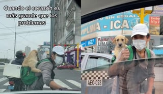 Con ayuda de una mochila en su espalda, el limpiador de autos lleva a su perrito para que lo acompañe mientras trabaja en las calles de Perú (TIKTOK) 
