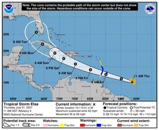 'Elsa', la quinta tormenta tropical del año en la cuenca atlántica, prosigue este jueves su rápido avance hacia las Antillas Menores, en el Caribe, y se prevé 'algún fortalecimiento adicional' en las próximas 48 horas, informó el Centro Nacional de Huracanes (NHC) de EUA. (EFE) 