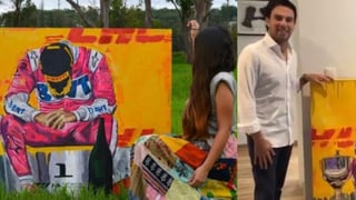 Sergio 'Checo' Pérez, piloto mexicano de Red Bull, recibió una pintura que le regaló una fan luego de que a través de redes sociales pidiera la ayuda de todos para hacer viral la obra de arte y así llegar al mexicano. (ESPECIAL)