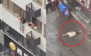 El hombre que aparece en el video, quien sería su esposo, habría intentado evitar que la mujer saltara del edificio (CAPTURA)  