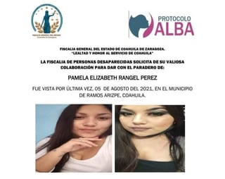 Desde el 05 de agosto Pamela Elizabeth Rangel Pérez se encuentra desaparecida, por lo que la Fiscalía de Personas Desaparecidas emitió una ficha de búsqueda para dar con su paradero. (EL SIGLO DE TORREÓN)